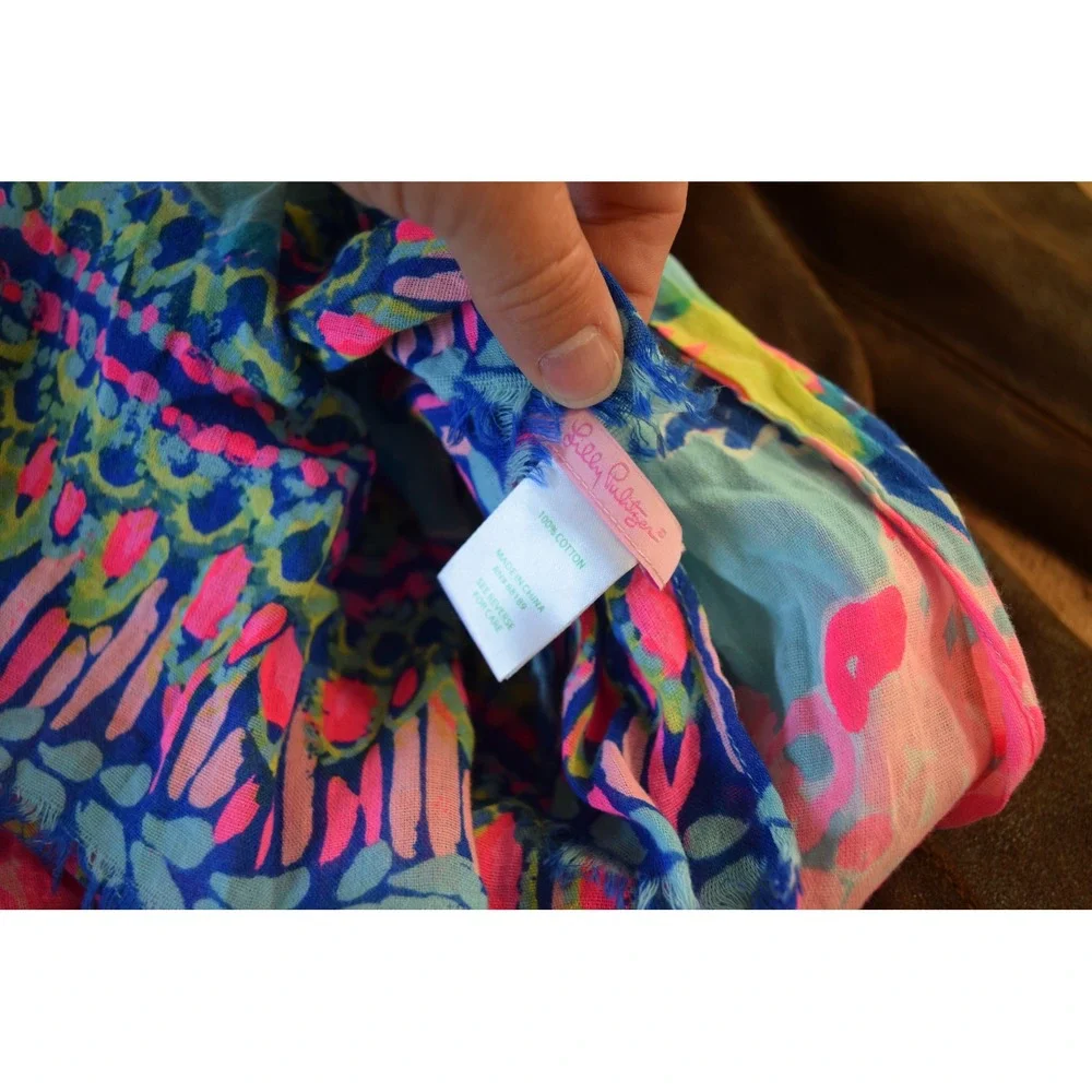 Lilly Pulitzer Scarf OS Blue Pink Tropical Cotton Shorely Blue Sandstorm Fish